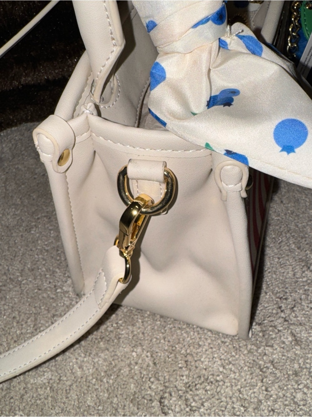 Betsey Johnson White and Red Stripe Mini Top-Handle Bag with Blue Pom Charm - Picture 4 of 11